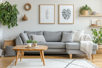 Cozy Scandinavian living room featuring gray sectional wooden coffee table white rug and soft lighting