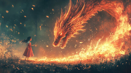 Epic encounter young girl meets fiery dragon in enchanted forest fantasy artwork dramatic atmosphere engaging perspective