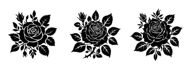 Set of Rose vector silhouette, Vector set of decorative rose with leaves, Rose vector logo, Flower silhouette, Rose set black silhouette vector illustration