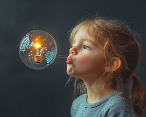 Imaginative Child Blowing Bubbles with Glowing Lightbulbs Symbolizing the Free Flowing Nature of Ideas