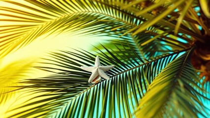 Naklejka premium A White Starfish Resting on a Palm Leaf Under the Warm Glow of the Sun