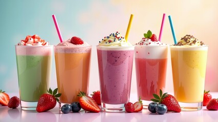 Colorful fruit smoothies with straws and fruit garnish on a table