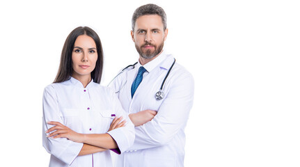 Fototapeta premium Doctor in white coat with stethoscope. nurse and doctor with stethoscope in medical clinic. professional therapist in hospital with intern. Medicine concept. stethoscope check up. banner