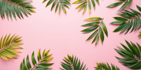 A frame of lush green palm leaves arranged symmetrically around a pastel pink background, showcasing a summery and tropical aesthetic.