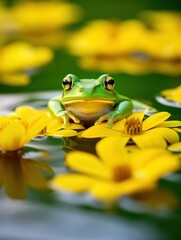 Close-up of a cute frog sitting on a lily pad, surrounded by small flowers and leaves