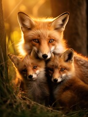 Fototapeta premium Close-up of a fox family cuddling together in a forest clearing, with a warm, golden sunlight filtering through trees