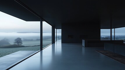 A minimalist black barn-style home with large floor-to-ceiling windows overlooking a foggy countryside.