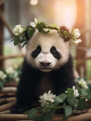 Very cute giant panda baby bear with a small flower crown with a blurred nature background, soft lighting