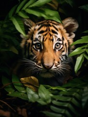 Cute baby tiger in a jungle, surrounded by leaves, soft warm lighting. Baby animal in green grass in the wild.