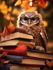 Cute portrait of an owl with glasses, sitting on a stack of books outdoor, warm autumn lighting. Education or school concept