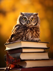 Cute portrait of an owl with glasses, sitting on a stack of books outdoor, warm autumn lighting. Education or school concept