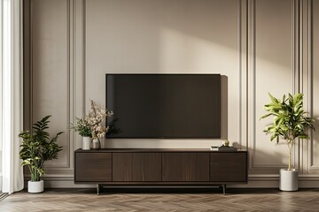 modern dark brown wood TV cabinet with beige wall panels and elegant wooden floor 