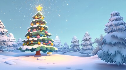 Beautiful 3D style Christmas tree, adorned with golden sparks and set against a magical winter atmosphere, bringing the festive spirit of Christmas to life in a whimsical cartoon-inspired design.