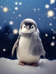 Obraz premium Cute Charming penguin chick wearing a tiny scarf, standing in a snowy landscape with snowfall