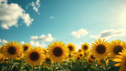 Fototapeta premium A field of vibrant sunflowers basking in the warm glow of the afternoon sun, their golden petals reaching towards a bright, cloud-filled sky.