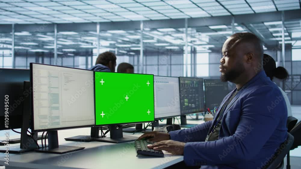 Aufkleber engineer using green screen computer, working in server farm to optimize it for data processing requ