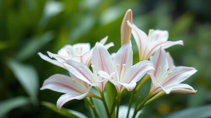 Fototapeta premium Close-up of Delicate White Lilies with Pink Veins and Water Droplets Against a Blurred Green Background