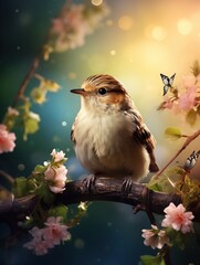 Cute small bird with a flower perched on a blooming branch