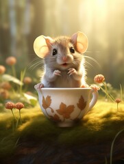 Cute tiny, happy mouse in teacup, sitting on a rock in a meadow, sunlit background