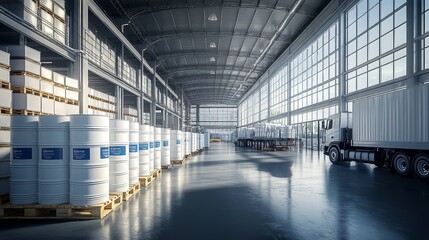 Obraz premium White paint cans stacked on pallets in a modern warehouse, with an industrial truck loading cargo in the background, highlighting stacked acrylic blue and gray label paper in the foreground.