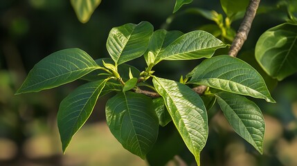Lush green leaves on a branch, sunlight illuminating the foliage.