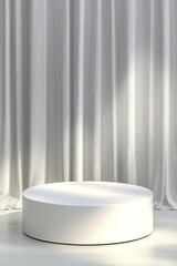 Minimalist White Product Display Platform with Sheer Curtains