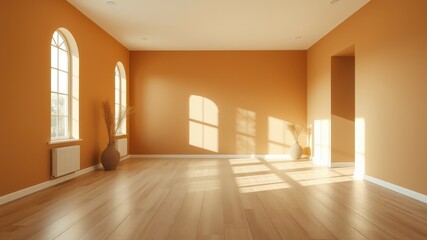 Sunlight streams through arched windows in an empty room with warm orange walls and hardwood floors