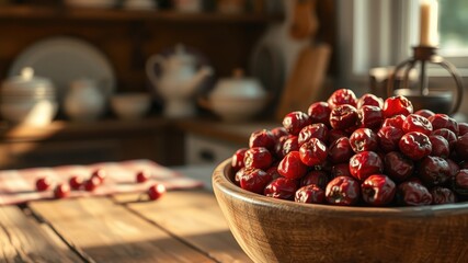A close-up of a wooden bowl filled with bright red berries, resting on a rustic wooden table, with a blurred background of a kitchen interior, suggesting a cozy and inviting atmosphere.
