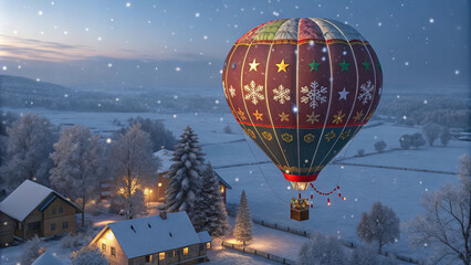 holiday themed hot air balloon floats gracefully over snowy landscape, surrounded by charming houses and trees. scene captures magic of winter