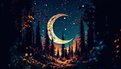 Fototapeta premium The enchanting glow of a crescent moon illuminating the woods.
