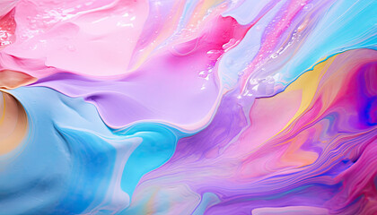 Fototapeta premium Close-up of fluid paint, liquid, super soft smooth texture, rainbow pastel colors, iridescent, background.