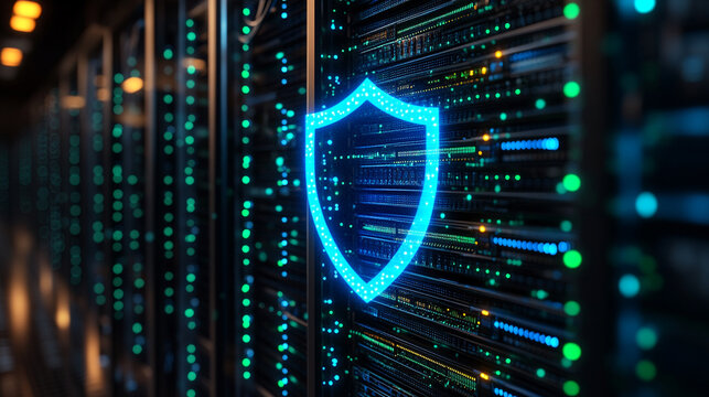 Glowing shield icon protecting data in a secure server room environment