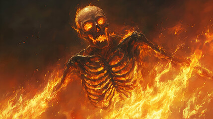 Infernal skeleton emerges amidst fiery landscape fantasy illustration dark atmosphere dramatic viewpoint visual impact