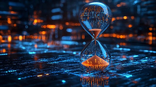 Hourglass with Binary Code Flowing as Digital Sand Symbolizing Tech Driven Time