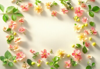 Fototapeta premium Beautiful arrangement of delicate pink and yellow flowers with green leaves on a soft beige surface, creating a serene and elegant botanical frame for backgrounds or designs.