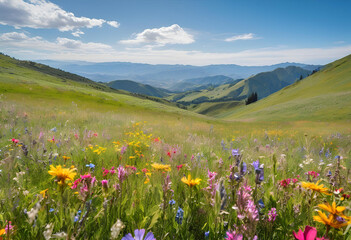 tranquil meadow and distant mountains
