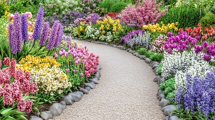 Fototapeta premium A vibrant garden path lined with colorful flowers, inviting exploration and relaxation.