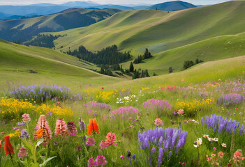 serene meadow with flowers and hills
