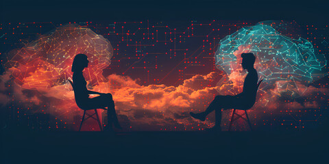 Two individuals seated in chairs, engaged in conversation, with their heads turned towards each other.