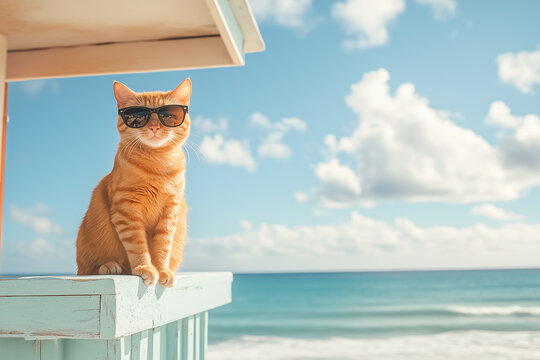 An orange cat wearing sunglasses perched on a lifeguard tower overlooking the ocean
