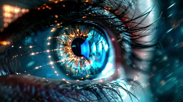 Close-up of a futuristic digital eye. Digital eye, data network and cyber security technology. Futuristic tech of virtual cyberspace. Digital eye. Internet secure surveillance. Generate AI.