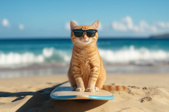 An orange cat wearing sunglasses sitting on a surfboard in the sand with ocean waves in the background