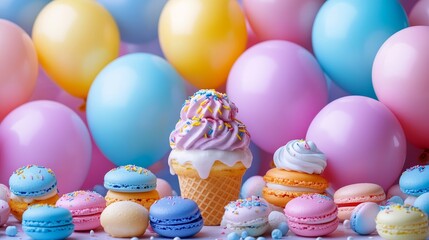 Obraz premium A brightly colored background featuring soft toned balloons, donuts, and ice cream cones, with various colored and shaped macarons placed at the bottom, creating a joyful and celebratory atmosphere.