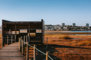 Wooden bird hide with walkway and rope railing offering scenic views of urban skyline across douro...