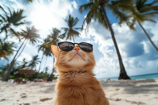 Wide-angle shot of an orange cat wearing sunglasses with vast ocean and sky in the background
