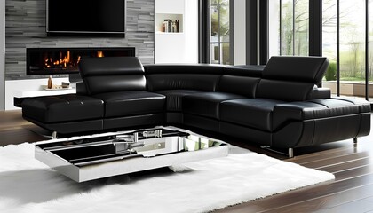Modern black leather sofa set contemporary living room furniture design cozy indoor space wide-angle view stylish comfort