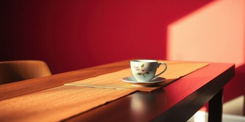 A porcelain teacup with a floral design rests on a saucer atop a placemat, basking in the warm glow of sunlight streaming through a window, casting a soft, golden hue across the wooden tabletop.