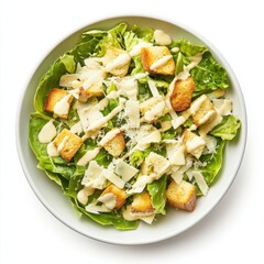 A creamy Caesar salad with romaine lettuce, parmesan shavings, and garlic croutons