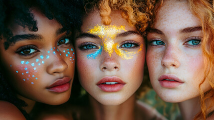 Obraz premium Vibrant portrait of three diverse women with artistic face paint outdoor setting portrait photography natural lighting cultural expression