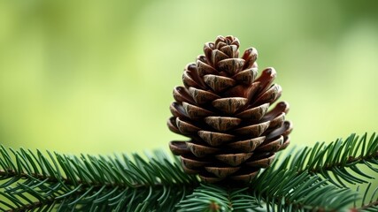 Fototapeta premium A Detailed Closeup of a Brown Pine Cone Resting on a Branch of Evergreen Needles Against a Blurred Green Background